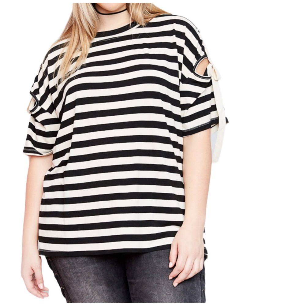 NEW Hayden Tee Top Cut Out Tie Bow Shoulder Striped Plus Size Black White XL 1X